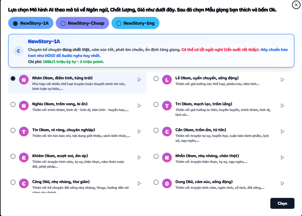 Chọn mô hình và giọng đọc - có mô tả chi tiết